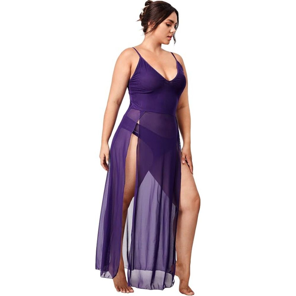 Women's Plus Size Split Long Mesh Lingerie Maxi Dress Purple 2XL NWOT